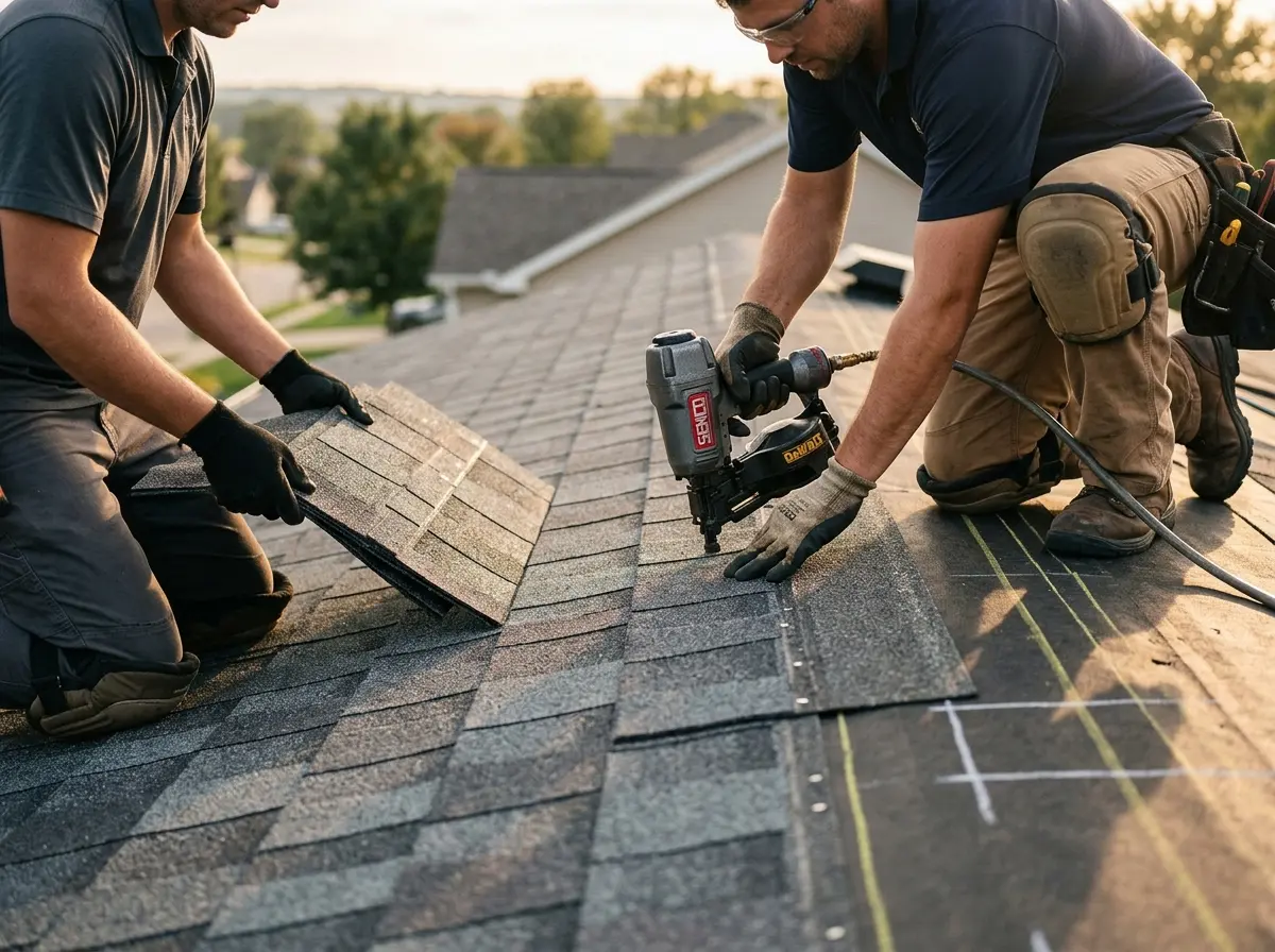 Professional roofer working on a residential roof in Champlain